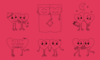 Loving hearts in different poses. Cute characters in doodle style.