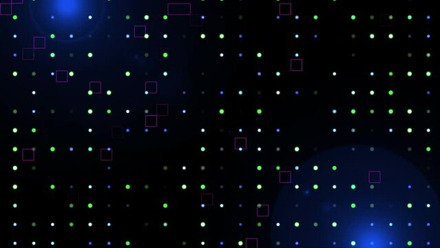 4K Randomly moving square and dots background with light leaks. Digital high technology dot square particle animation. The sci-fi movie, anime, cartoon. Seamless loop motion graphic. Geometric bg.