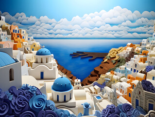 illustration papercut art landscapes The Santorini island of Greece, tourist attraction, Generative AI