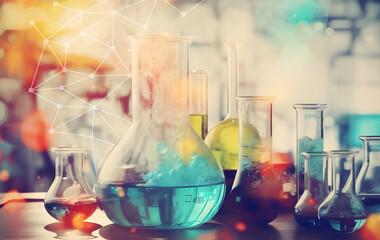 The science background of a laboratory with round-bottomed flasks and colorful liquids