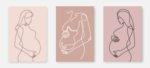 Pregnant Woman Continuous Line Art Drawing Posters Set. Pregnancy Concept One Line Drawing Minimalist Illustration for Modern Graphic Design. Vector EPS 10. 