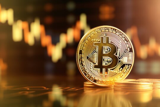 bitcoin gold coins in blurred chart background