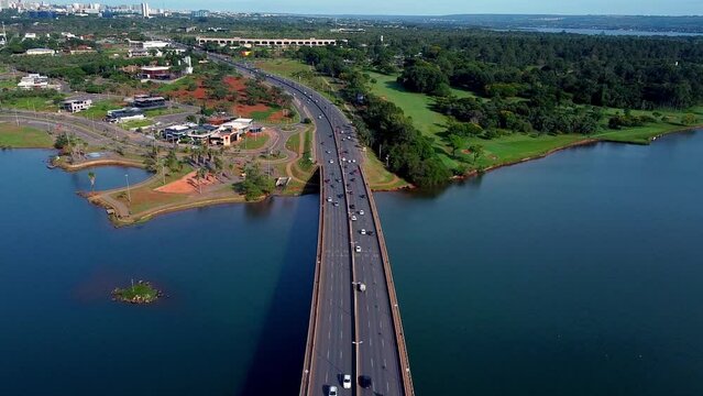 6 lane traffic over jk bridge in brasilia, Brazil, drone view