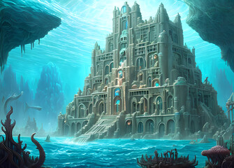 Castle underwater scene of old buildings under water epic and beautiful,Generative AI