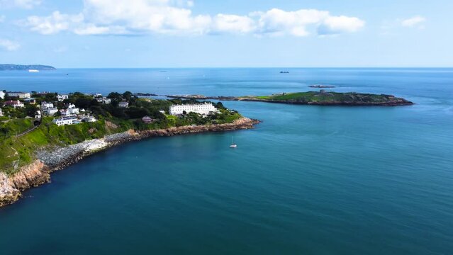 Aerial Fly-By over a Beautiful Rocky Coastline near Dalkey, Ireland