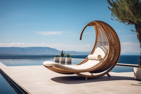 bast lounge chair by a pool overlooking the ocean (Generative AI)