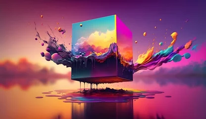 Foto op Canvas Liquid paint cube colorful abstract background wallpaper, geometric modern design shape, isometric graphic illustration © bravissimos