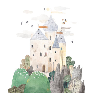 Medieval castle with mountains, hils and trees, clouds and birds. Watercolor background. Illustration for kids room.