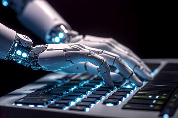 Artificial intelligence android robot hands writing text on compurter keypad.