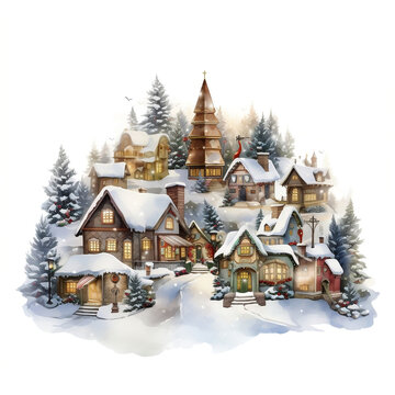 Watercolor Christmas Scenery Clipart. Generated AI 