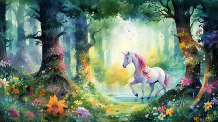 Magic forest with unicorn. watercolor illustration
