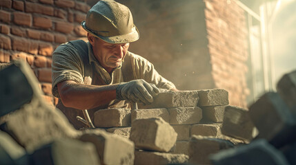 Professional Bricklayer builder installing bricks at construction site. Generative Ai - obrazy, fototapety, plakaty