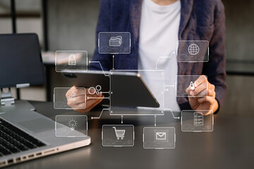 Digital marketing media in virtual screen.businesswoman hand working with mobile phone and modern compute with VR icon diagram at office