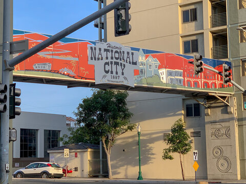 View of the historic National City Sign on pedestrian bridge. National City, CA USA on March 29, 2019.
