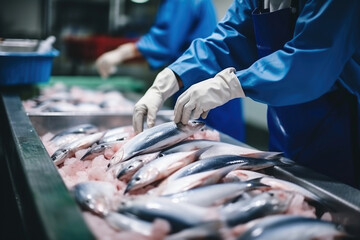 Fish processing plant. People sort the fish moving along the conveyor. Sorting and preparation of fish. © Anoo