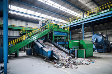 Fototapeta na wymiar Waste sorting plant. Many different conveyors and bins. conveyors filled with various household waste. Waste disposal and recycling. Waste processing plant.