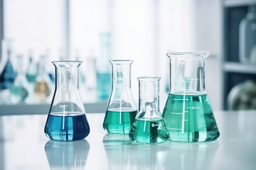 Glass flasks for liquid samples of reagents. Laboratory equipment for dispensing liquid samples. Chemical liquids analysis and testing.
