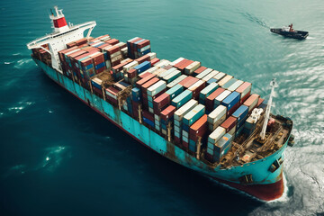 Fototapeta premium Global business logistics import-export cargo. A cargo ship with sea containers on board goes through the sea. Transportation of goods across the ocean.