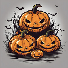 Halloween pumpkins with bats on grey background