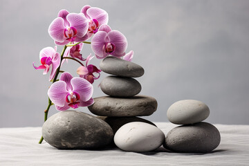 Fototapeta na wymiar Spa background with pink orchids and pebbles on a grey background