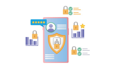 User data protection. The hand is holding the phone. Mobile application for data analysis and accounting. File management.on white background.Vector Design Illustration.