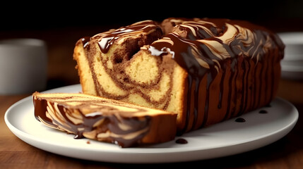 homemade nutella-swirl pound cake on a white plate