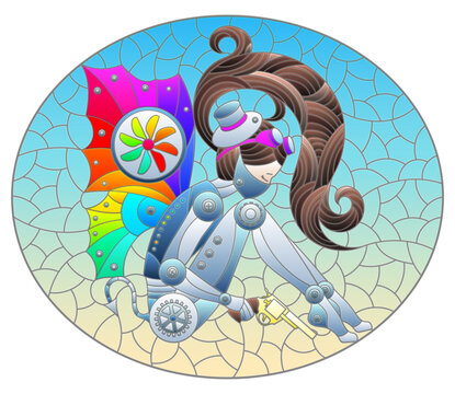 A stained glass illustration with a steampunk girl on a blue background, oval image