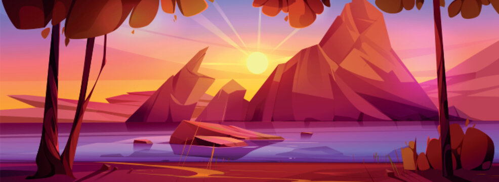Sunset sky and mountain lake vector background. Panoramic summer nature scene with sun ray and river coast in evening. Beautiful beach in pink, purple and yellow magic light and rock in calm water.