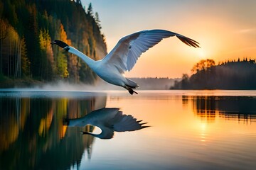 The swan starting flying in sunset light on lake