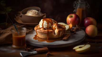Naklejka premium apple pie, whipped cream, caramel sauce, cinnamon