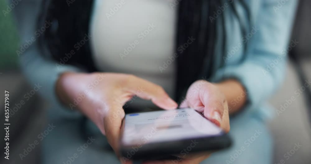 Poster Hands, phone screen and scroll with online shopping and store website, menu and choice with person and retail. Closeup, technology and e commerce, product list and internet with customer and UI