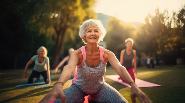 senior woman doing cobra pose yoga with friends at park.