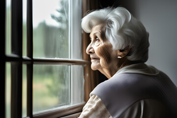 The side view of my grandmother looking at the window Generative AI