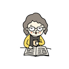 Elderly woman reading book and drinking hot tea, hand drawn style vector