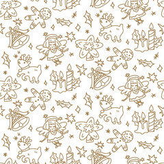 A pattern with Christmas doodles on a white background. Seamless pattern of a happy winter holiday. Happy New Year. Draw the contours of decorative design elements in retro style. Printing on package