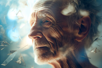 An elderly person and his brain art. Concept of Alzheimer's disease, dementia. AI Generated