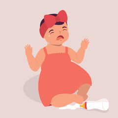 One Little Baby Girl Crying Over The Spilled Milk On The Floor. Full Length.