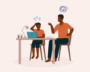 Frustrated Black Father Helping His Son To Do His Homework At Home. Little Boy Do Not Understand What His Father Trying To Teach With His Homework. Full Length. Flat Design.