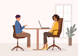 Side View Of Smiling Black Woman Manager Interviewing A Male Candidate At Office. Full Length.