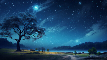 Fototapeta na wymiar Beautiful night sky the Milky Way moon and the trees