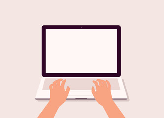 A Person’s Hand Typing On Laptop Keyboard With Blank Screen. Isolated On Color Background. Close-Up.