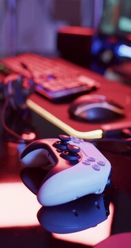 Vertical video of video game computer equipment with video game pad on neon background