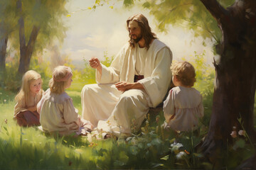Jesus Christ with a group of young children. Oil painting art style