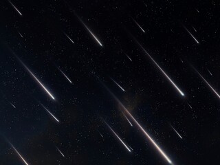 Starfall in the sky. Meteor storm against the background of stars. Fireballs light up the night. Fall of a lot of meteorites.