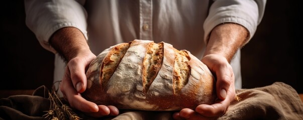 Male hands with a freshly baked loaf of rye wheat bread on a dark background. Generative AI.