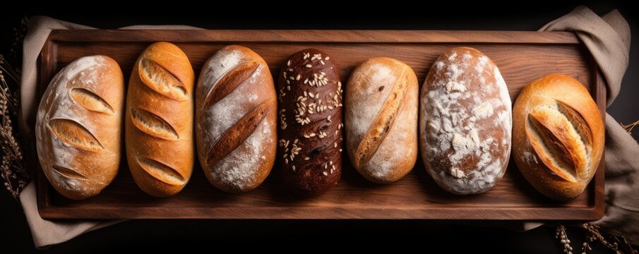 Gold crusty loaves of bread and buns on black chalkboard background. Bakery. Generative AI.