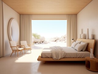 Luxurious and minimalist bedroom decoration in the interior of a hotel, home or resort with modern and attractive natural furniture with a cozy and relaxing atmosphere.