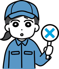 Obraz premium 残念な顔でバツのサインを出す作業服の若い女性