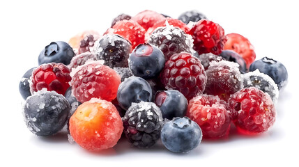 A mix of isolated frozen fresh berries covered in frost and ice crystals. On a white surface. Generative AI technology.