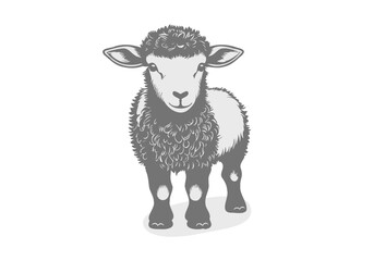 Vector gray cute monochrome standing thoroughbred beautiful lamb. Farm pet. Sticker or icon. White isolated background.